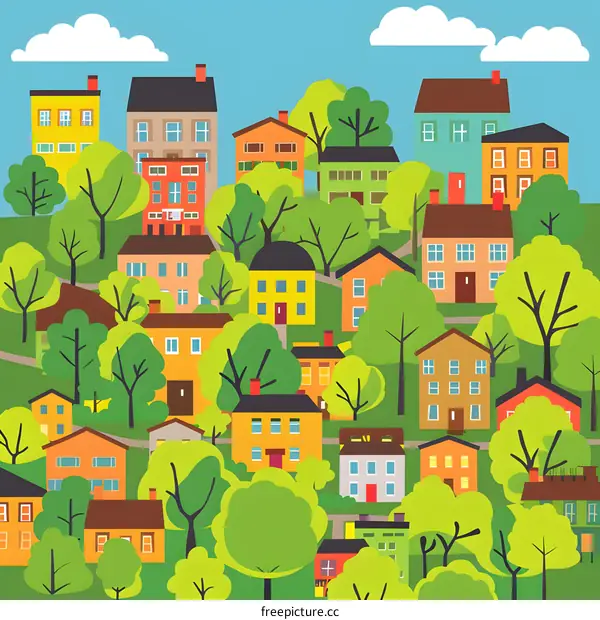 Colorful Illustration of a Small Town with Houses and Trees