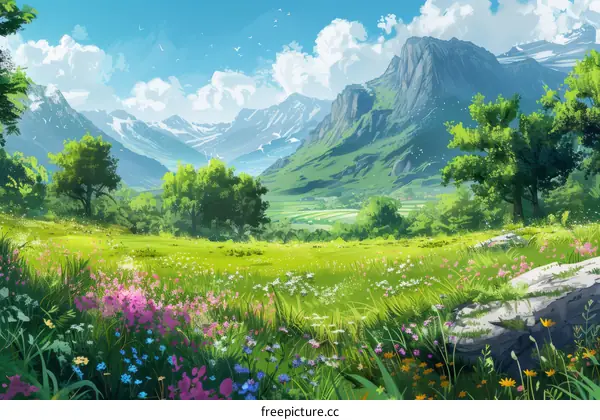 A beautiful landscape with mountains, trees, flowers, and a river