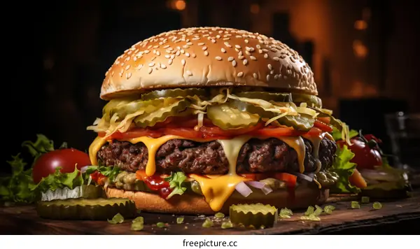 Delicious Cheeseburger with Pickles, Tomato, Onion, and Lettuce