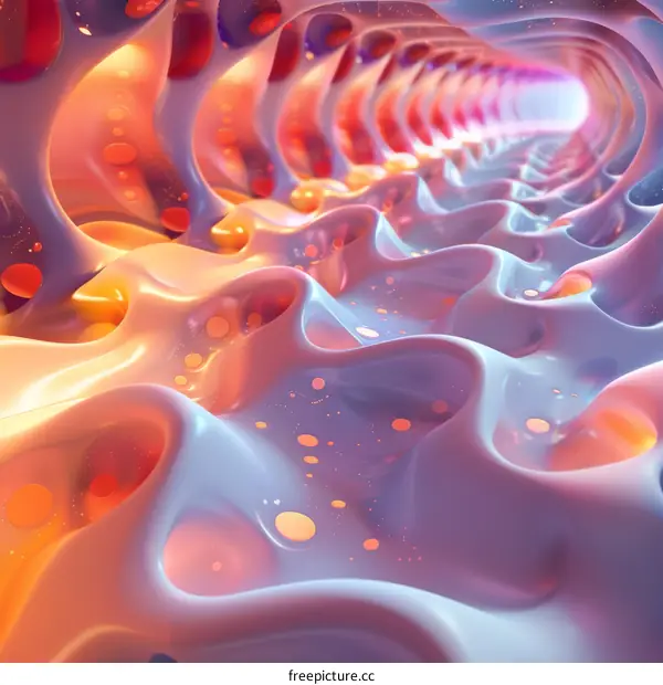 Colorful abstract 3D rendering of organic forms inside a tunnel
