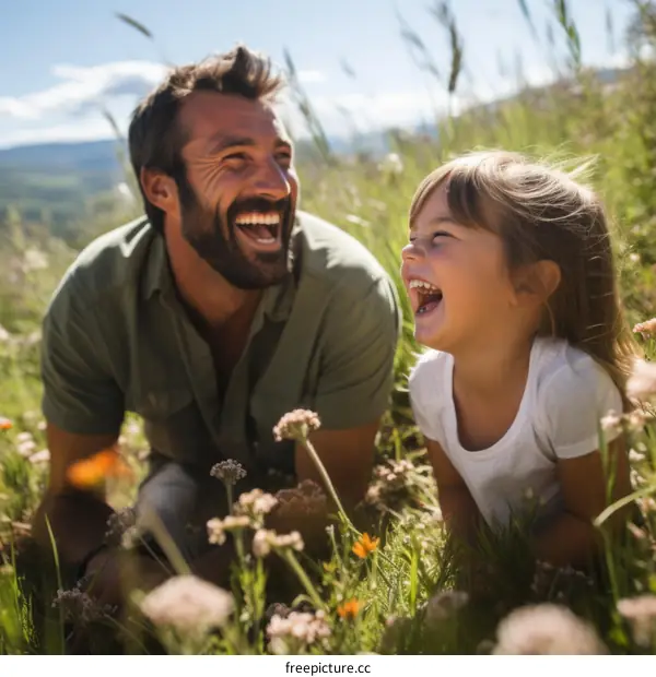 Father and daughter laughing in a field of flowers