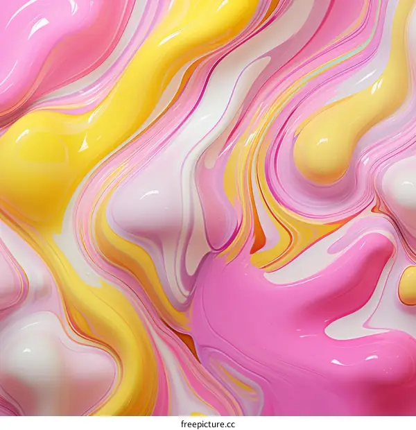 Colorful abstract painting with vibrant swirls of pink, yellow, and white