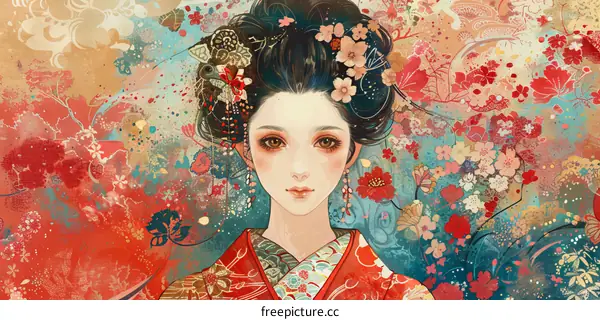 A beautiful Japanese woman in a red kimono with cherry blossoms in her hair