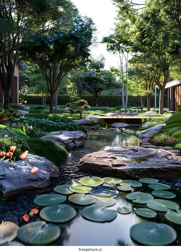 A tranquil garden with a pond, stone path and lush greenery