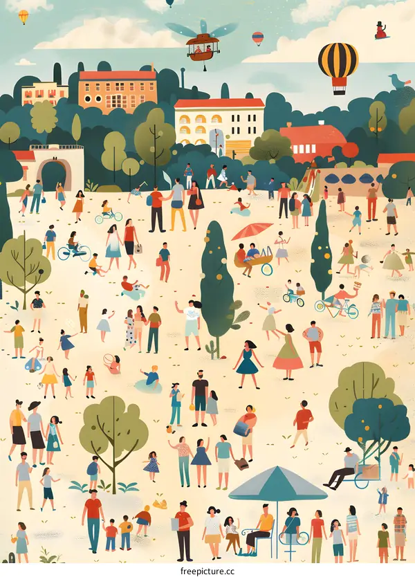 Summertime Fun in the Park with People, Hot Air Balloons, and Buildings