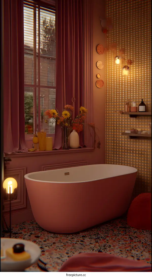 Modern Bathroom Interior Design with Pink Bathtub and Yellow Patterned Wallpaper