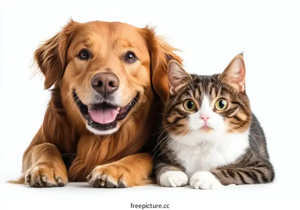 Friendly Golden Retriever and Cat Portrait