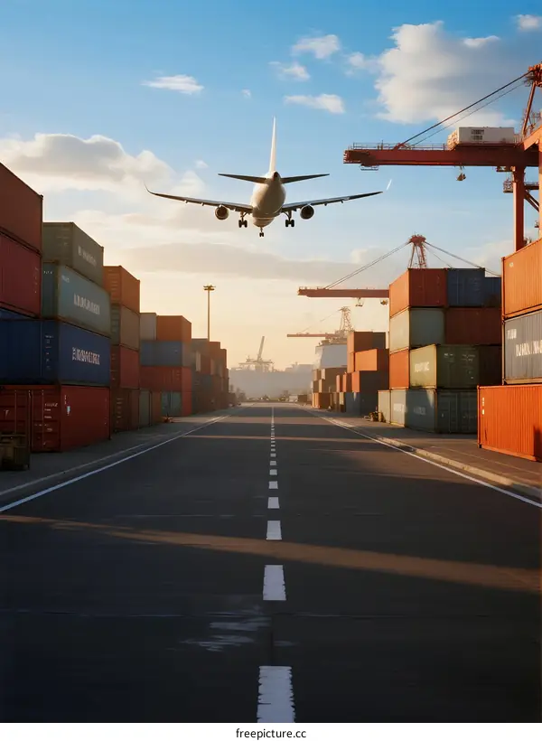 Airplane Taking Off Over Cargo Terminal with Containers