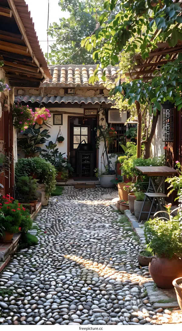 Cobblestone Path In A Small Courtyard With Plants And Flowers