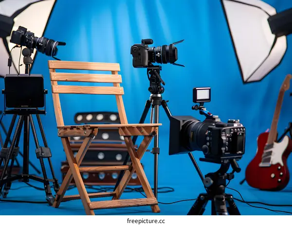 Video Production Set with Blue Screen and Wooden Chair