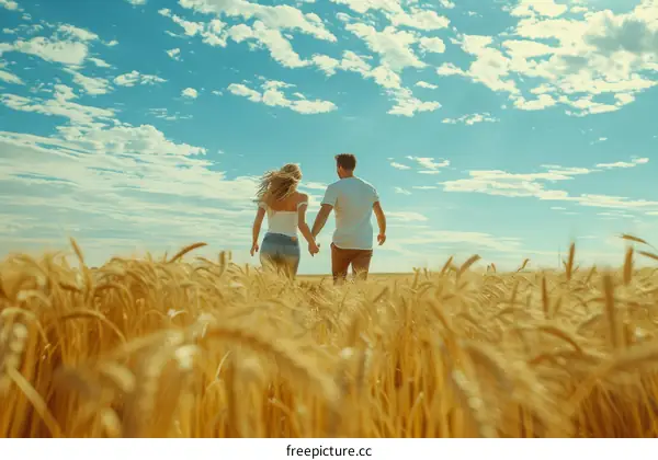 Couple holding hands running through a wheat field