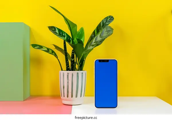 Green Plant and Smartphone on a Yellow and Pink Background
