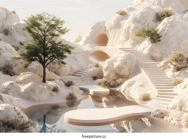 Surreal landscape with stairs and a tree