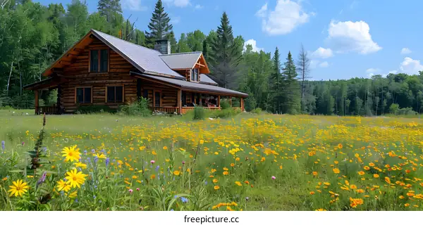 A beautiful log cabin in a field of wildflowers.