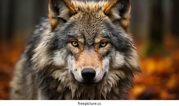 Portrait of a wet wolf staring at the camera with an intense gaze