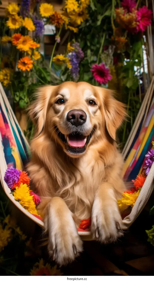 Golden Retriever Resting in Vibrant Flower Garden