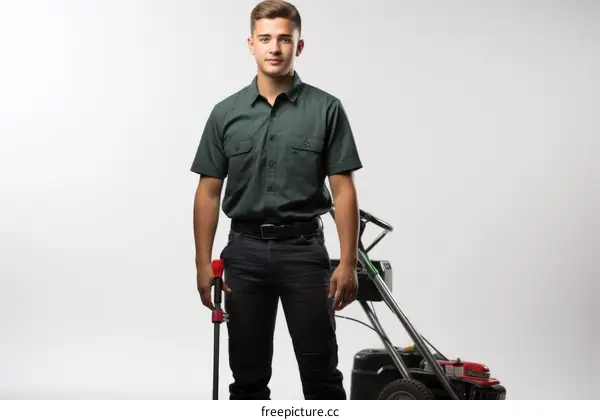 Young man standing with lawn mower