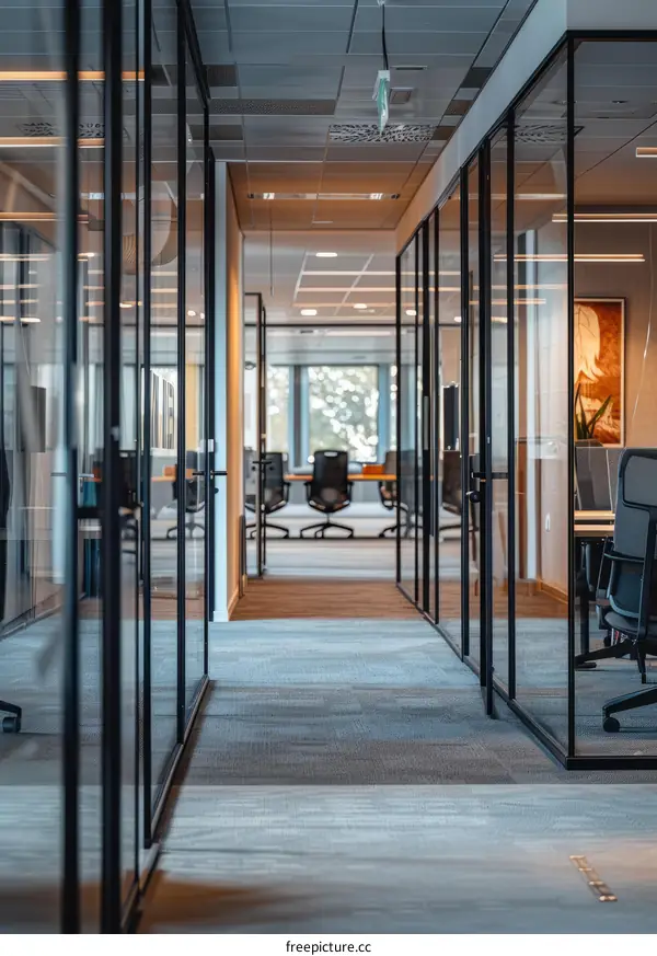 An empty office hallway with glass walls and doors