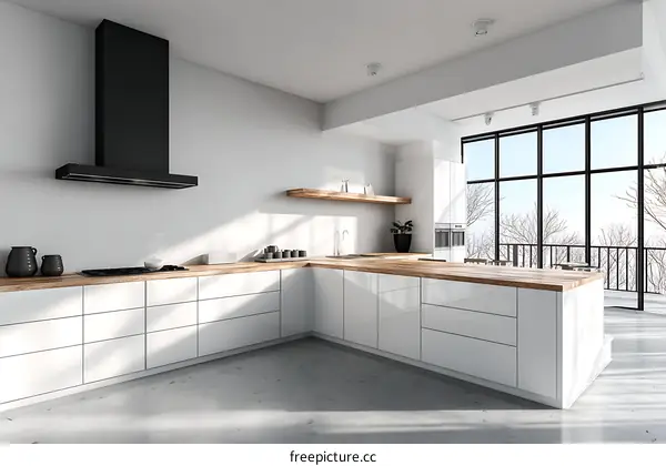 Modern White Kitchen with Wooden Countertop and Panoramic View