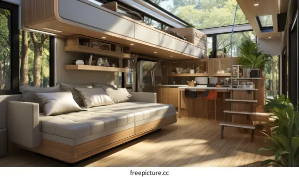 The interior of a modern tiny house with a living room, kitchen, and dining area