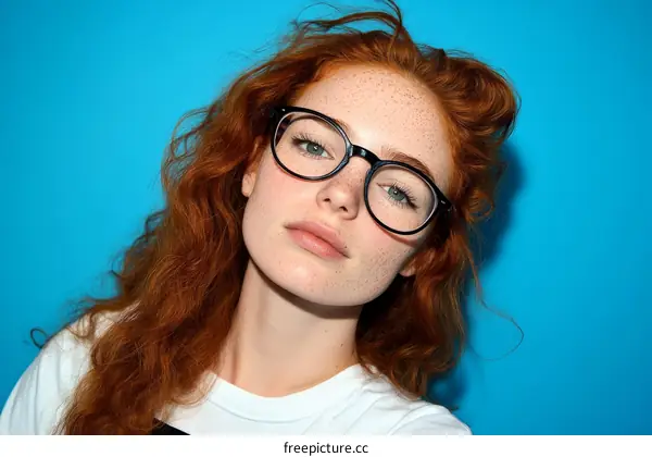 Portrait of a Woman with Red Hair and Glasses against a Blue Background