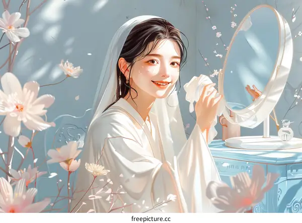 An East Asian woman in a white dress is sitting in front of a mirror, applying makeup.