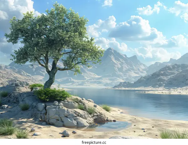 A Majestic Landscape with a Towering Tree and Mountains