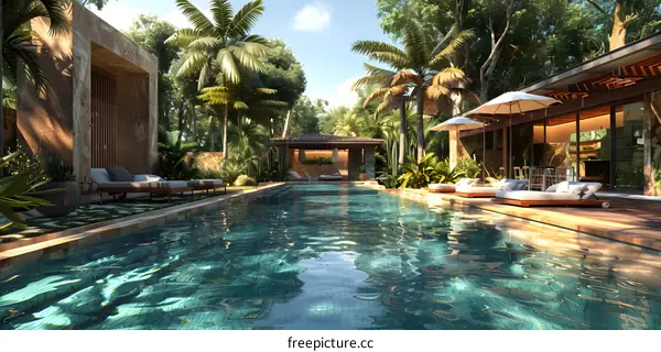 The sun shines through the palm trees and reflects in the swimming pool