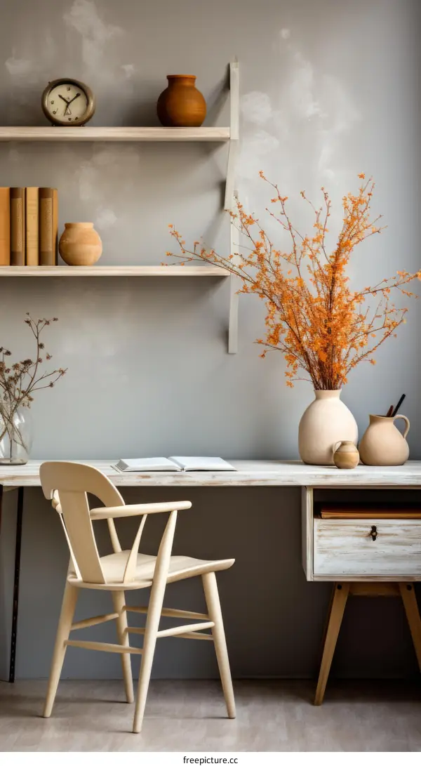 A wooden desk with a vase of flowers, a chair, and some books on shelves.