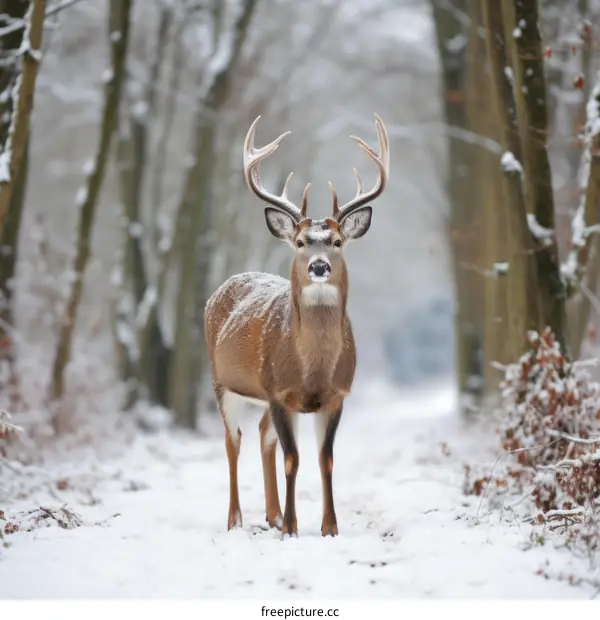 A majestic white-tailed deer stands in the snow