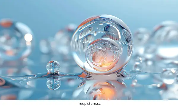 Glass ball floating on water surface with light reflection