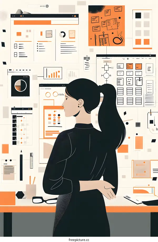 Woman Looking at a Wall of Charts and Diagrams