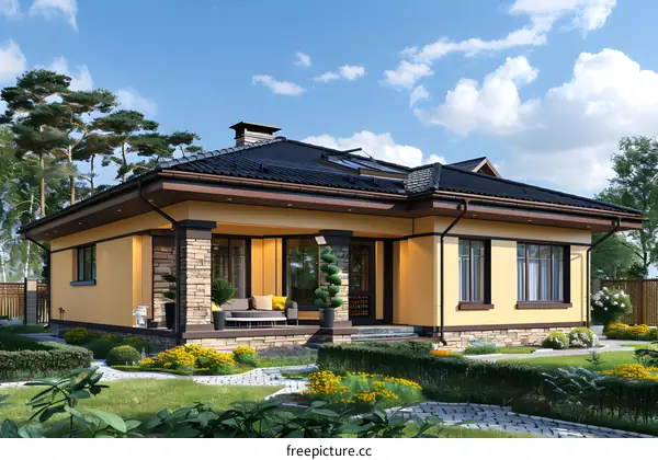 Modern Yellow House with Stone Accents and Lush Greenery