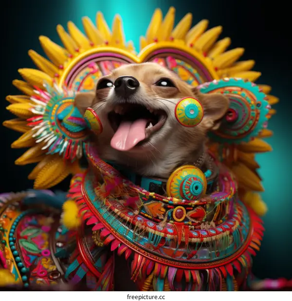 A mirthful chihuahua bedecked in flamboyant head and neck adornments