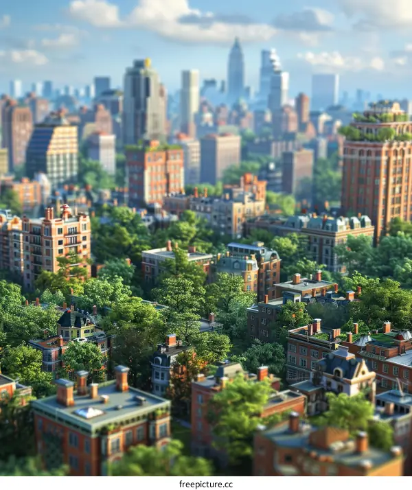 Miniature city and forest under the big city skyline