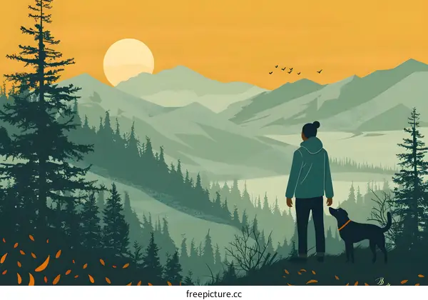 Woman and Dog on a Mountain View