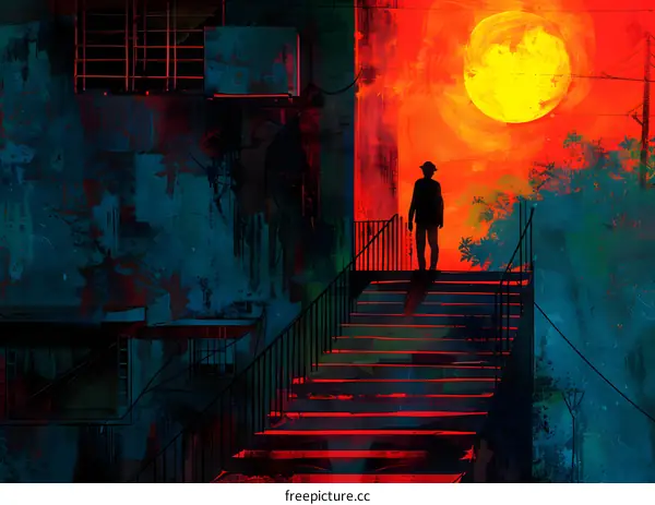 Man on Stairs with Red Sun