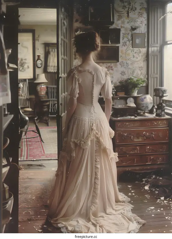 Woman in Antique Dress in Vintage Room