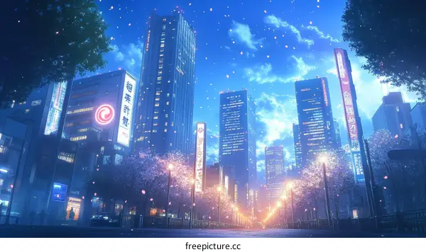 Anime Cityscape at Twilight with Cherry Blossoms