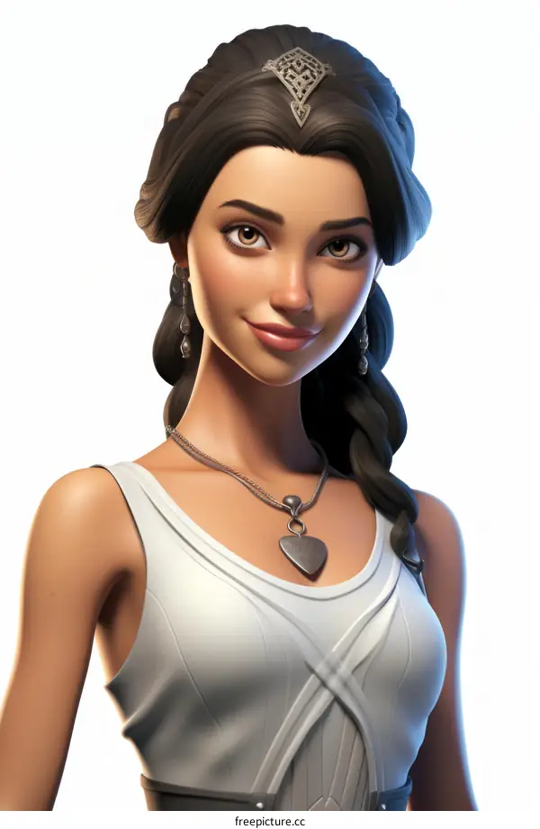 Illustration of a Young Woman with Brown Hair and Eyes in a Dress