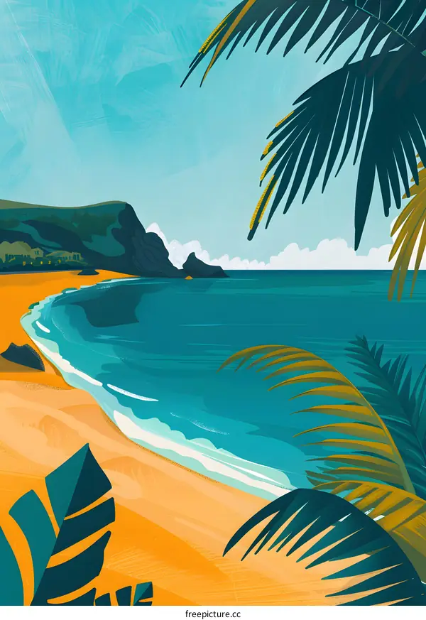 Tropical Beach Illustration with Palm Trees and Ocean