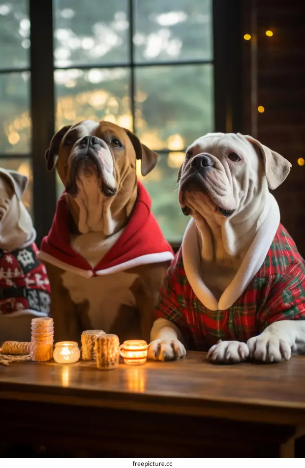 Three English Bulldogs in Festive Christmas Outfits