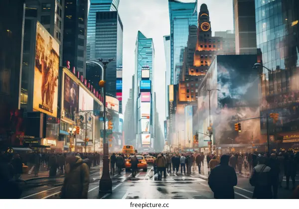 Crowded New York City street with people crossing the road