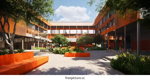 Orange Building Architecture Courtyard With Trees and People