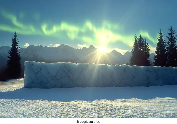 Green Aurora Borealis over Snowy Mountain Range
