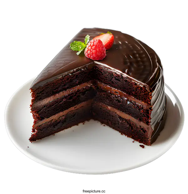 [Transparent Background PNG]A decadent chocolate cake with raspberries and mint