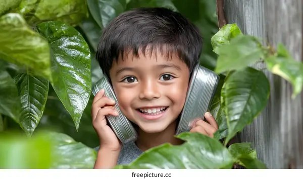 Smiling Boy Playing with Tin Can Phones in Nature