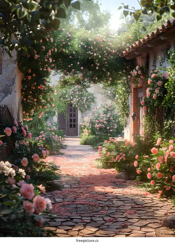 Charming stone alley with pink climbing roses