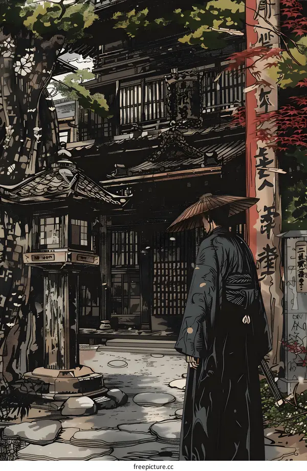 Samurai Walking Through Traditional Japanese Architecture