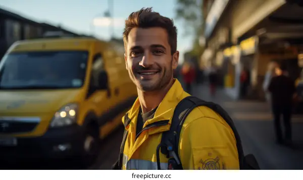 portrait of a smiling delivery man in a yellow uniform